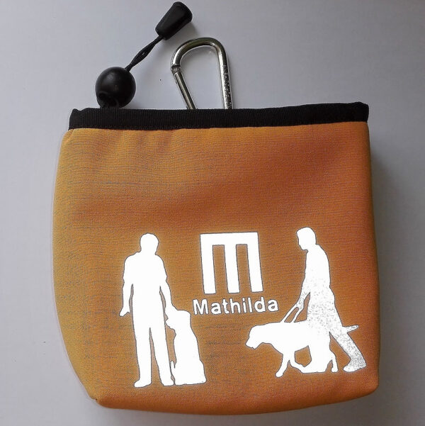 Pamlskovník - oranžový s logem nadace Mathilda a dvěma vodícími psy s páníčky