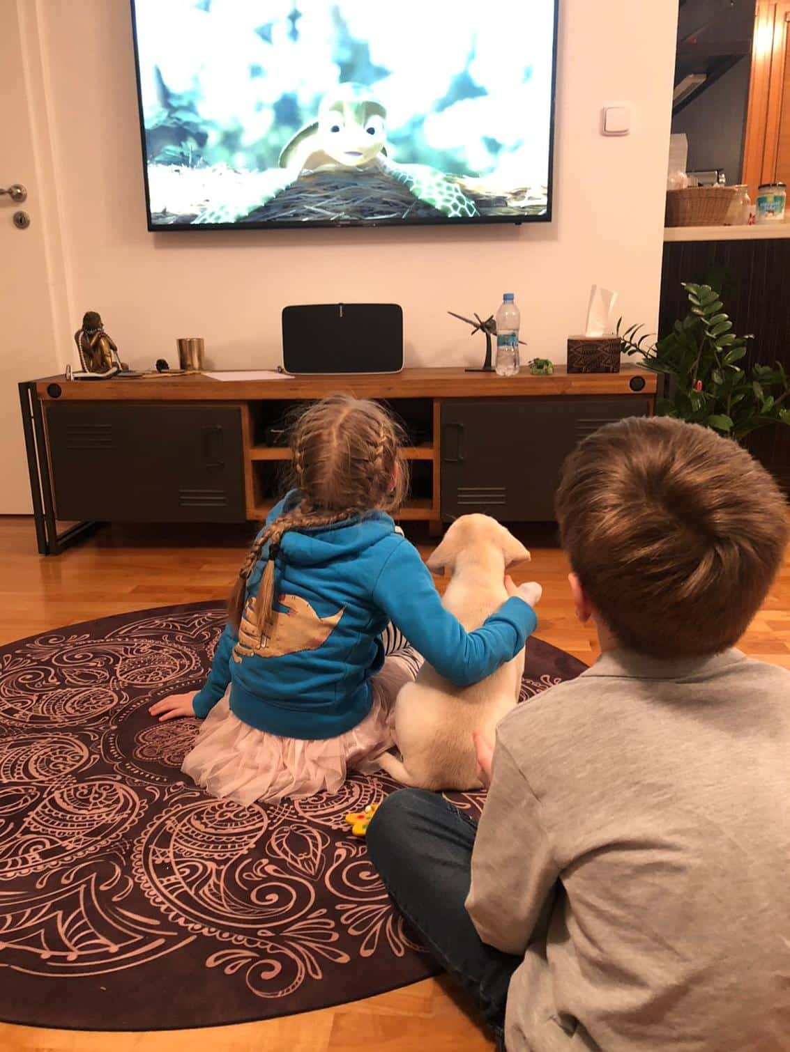 Falco s dětmi kouká na pohádku v televizi